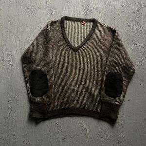 Vintage Mohair Sweater Large Brown 1960s Striped V Neck